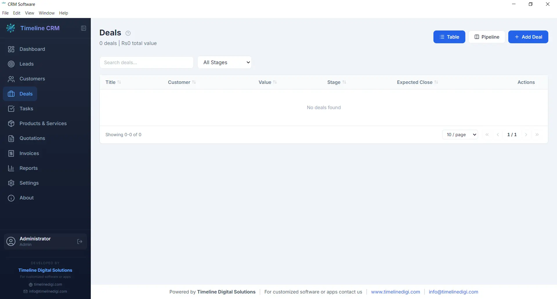 Timeline CRM Deals module showing deal pipeline with six stages and deal values