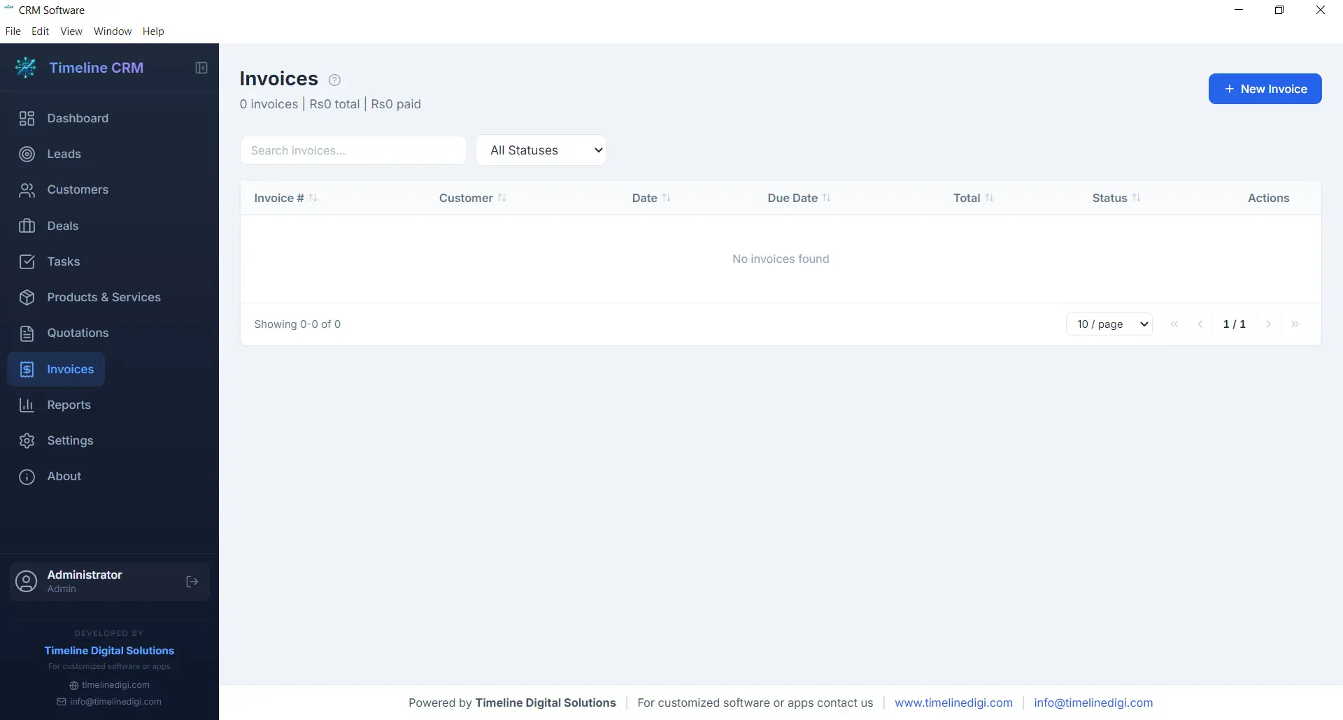 Timeline CRM Invoices module showing invoice list with payment statuses and PDF export