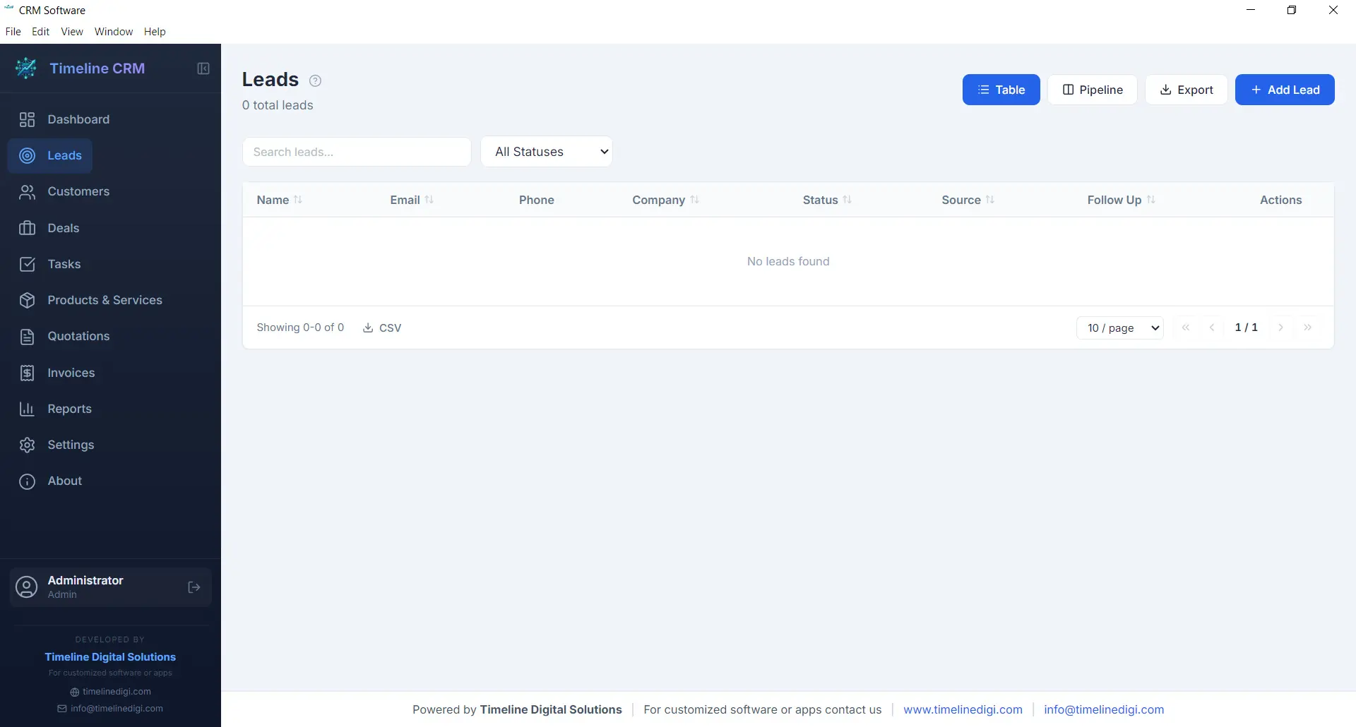 Timeline CRM Leads module showing lead pipeline with seven stages