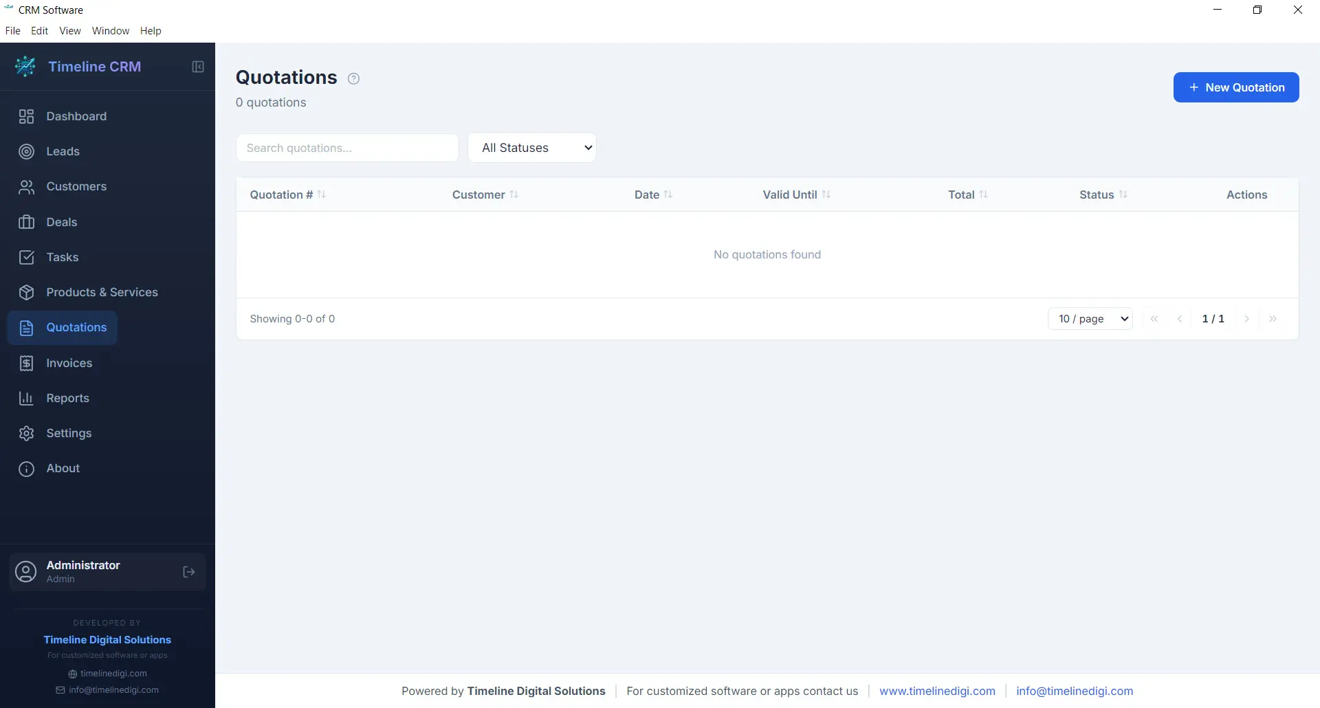 Timeline CRM Quotations module showing quotation builder with line items and PDF preview