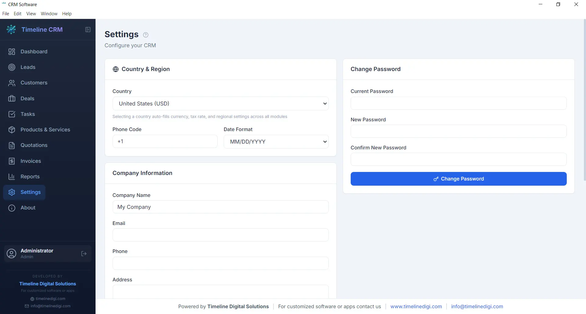 Timeline CRM Settings module showing company configuration and preferences
